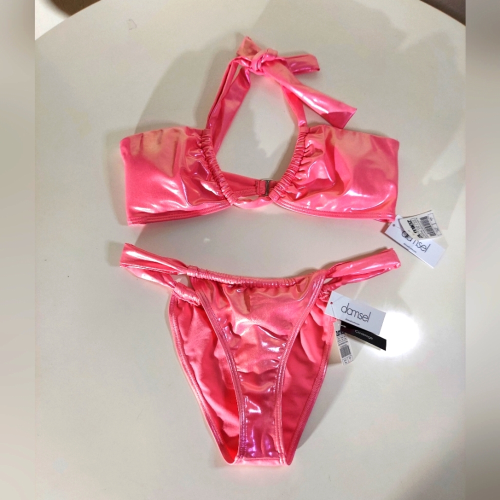 Damsel Kenni Pink Chrome Metallic Halter/Tanga Bottom Bikini Women's Size L NWT